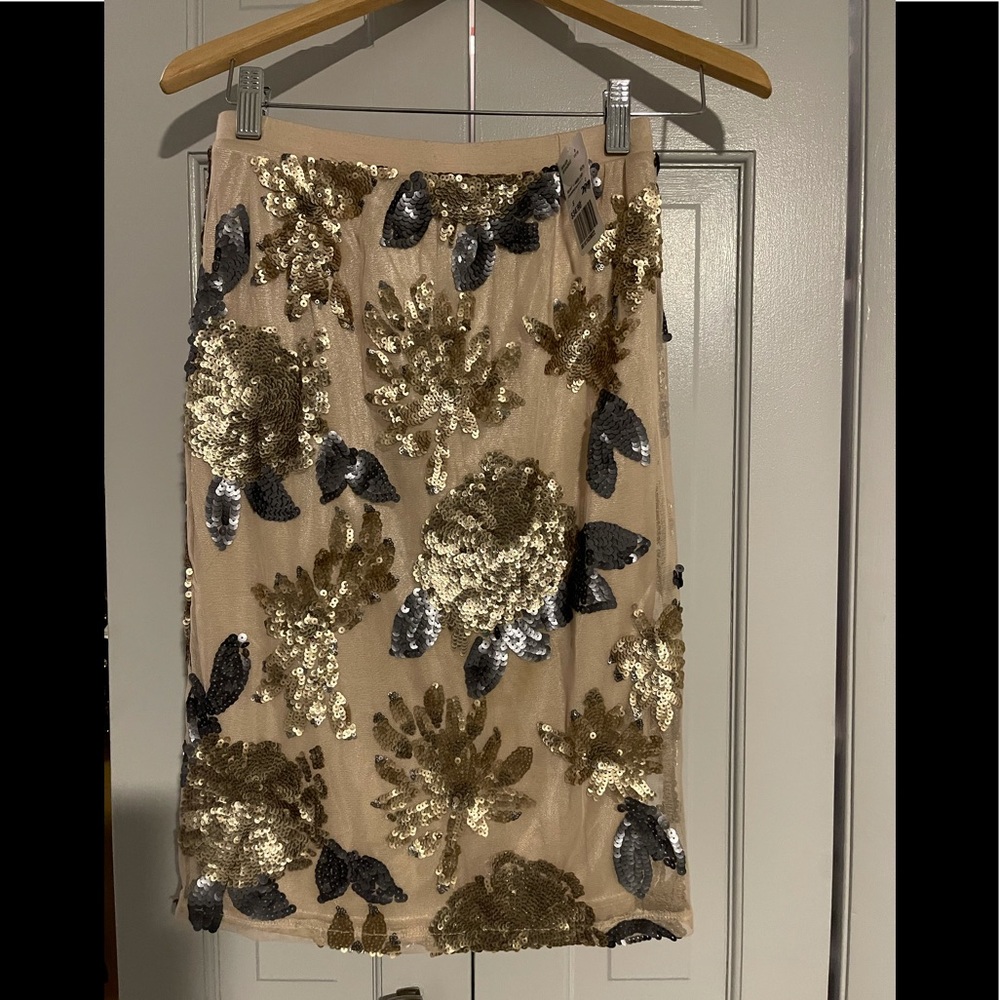 New, knee-length Champagne skirt with sequins size small.